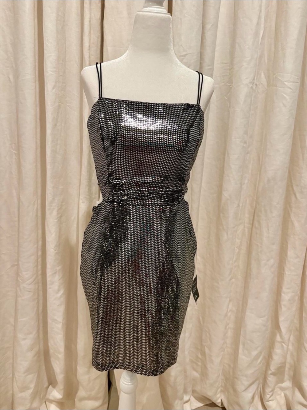 Lulu's Silver Sequin Mini Dress with Double Spaghetti Straps